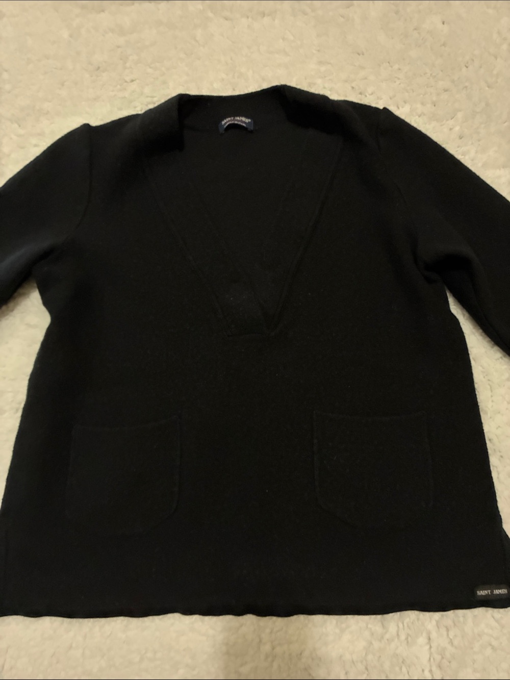 Vintage Saint James Black Women's V-Neck Sweater with Front Pockets Size 14